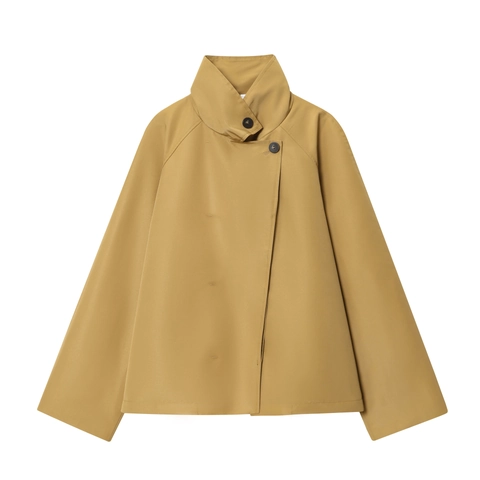 Women Short Trench Coat Polyester Solid Color Stand Collar Loose Fit Long Sleeve Jacket For Fall Winter