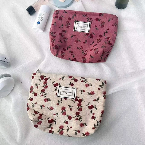 Corduroy Floral Cosmetic Bag Retro Travel Makeup Pouch Portable Zipper Organizer Storage Case For Women Girls