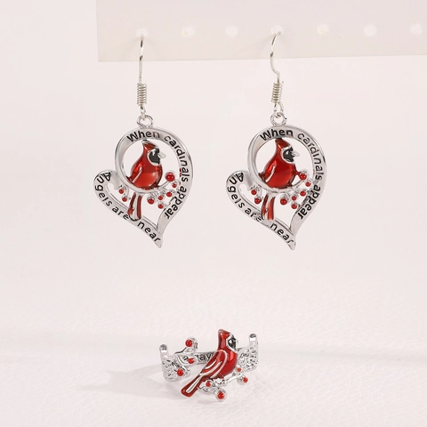 Alloy Cardinal Bird Heart Drop Earrings Red Enamel Hollow Inscribed Animal Jewelry For Women Commemorative Daily Gift