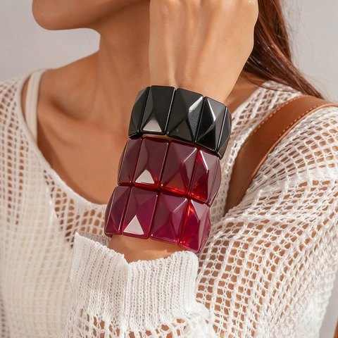 Retro Acrylic Geometric Square Block Stretch Bracelet Wide Chunky Pyramid Cut Bangle For Women Vacation Style