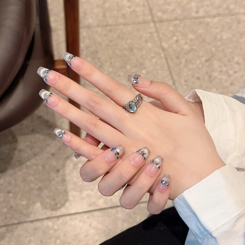 Blue Cat Eye Press On Nails Blue Rhinestone Glitter French Style Handmade Artificial Nail Tips Coffin Shape For Women Manicure