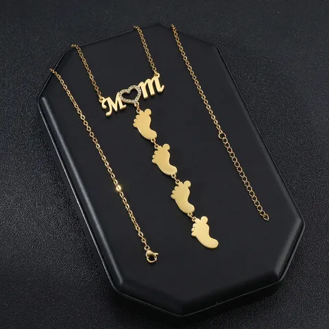 Collana Cuore MOM In Acciaio Inossidabile Zircone Ciondolo Impronta Bambino Gioielli Regalo Madre