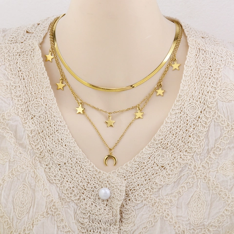 Layered Pendant Necklace Stainless Steel Star And Crescent Moon Multi Layer Snake Chain Gold Plated Jewelry For Women