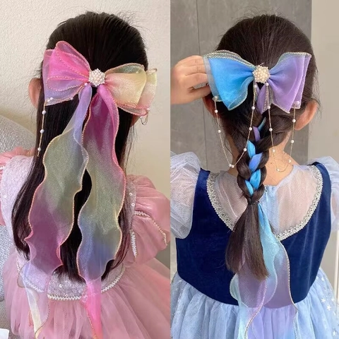 Haarspeldjes Voor Meisjes Grote Organza Strikken Lange Linten Regenboog Gradiënt Kunstparels Steentjes Prinses Stijl Haaraccessoires