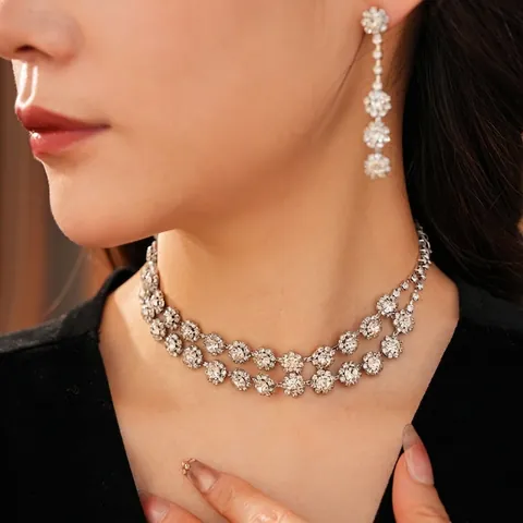 Double Layer Flower Jewelry Necklace Earrings Copper Rhinestone Zirconia Vintage Palace Luxury Women Accessories