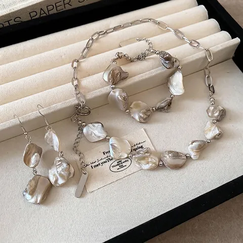 Conjunto De Collar Pulsera Pendientes Aleación Concha Costura Cadena Asimétrica Estilo Barroco Retro Francés Joyería Elegante Mujer