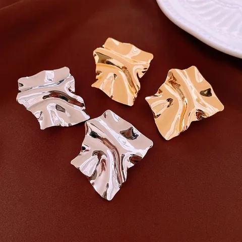 Irregular Square Stud Earrings With Silver Earring Post Rippled Texture Copper Gold Plated Minimalist Chic Fashion Women