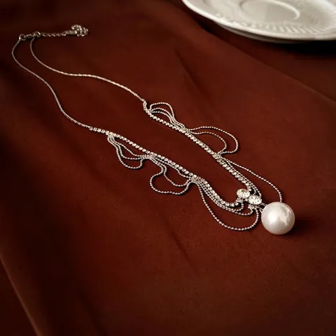 Artificial Pearl Tassel Necklace For Women Alloy Rhinestone Multi Layer Wavy Fringe Elegant Luxury Wedding Party Banquet Jewelry
