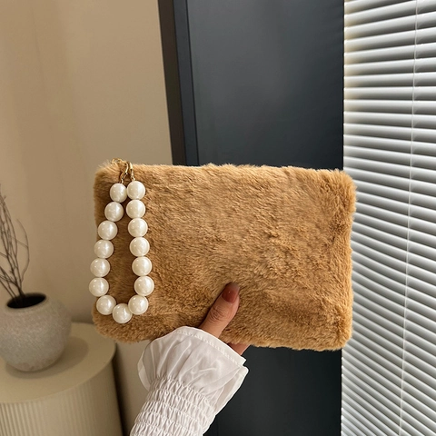 Faux Fur Plüsch Quadratische Handtasche Mit Elegantem Künstliche Perlengriff Süße Winter Mode Clutch Für Damen