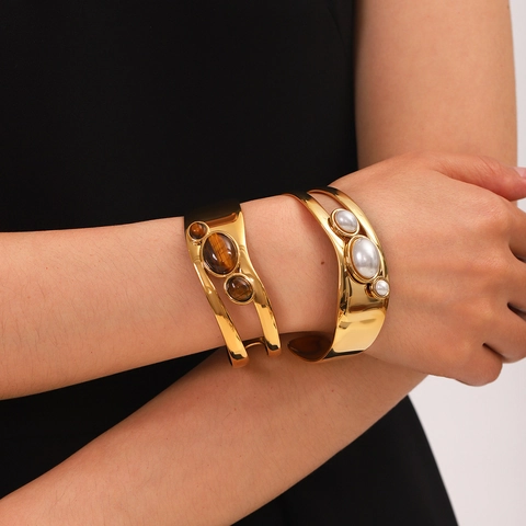Vintage Stainless Steel Open Cuff Bracelet Wide Hollow Bangle With Natural Tiger Eye Stone And Artificial Pearl Women Retro Jewelry