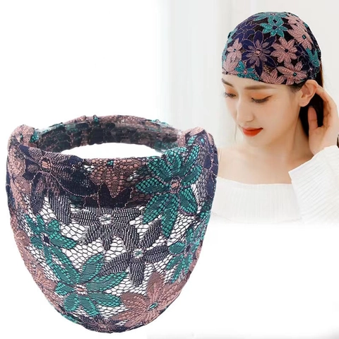 Women Wide Edge Lace Headband Breathable Floral Pattern Elastic Hairband Ethnic Boho Style Vintage Hair Accessories