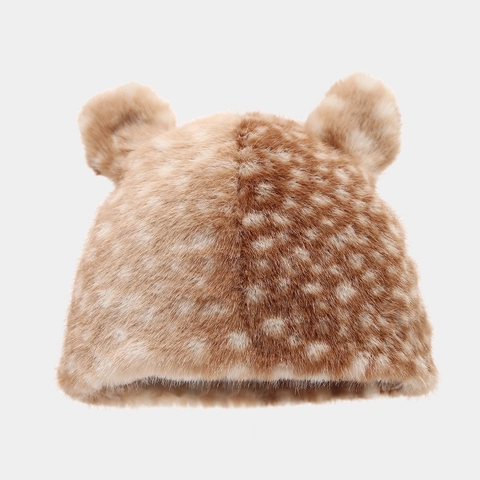 Faux Fur Winter Hat Deer Pattern Warm Plush Beanie Cute Animal Ears Fashion Cossack Style Women Accessories