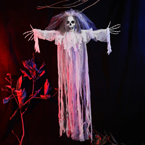 Halloween Voice Activated Glowing Hanging Skeleton Ghost Prop Large Vibrating Grim Reaper Decor For Haunted House Party