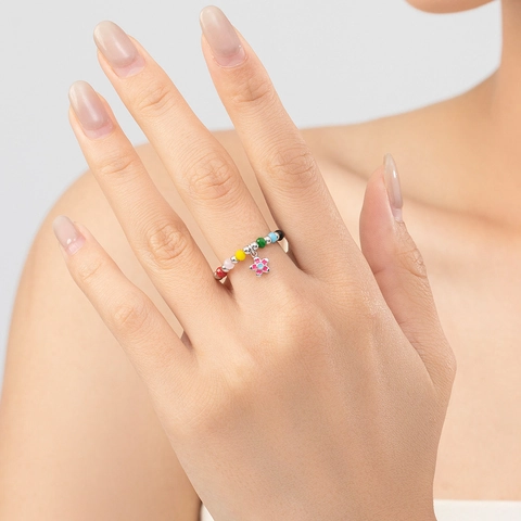 925 Sterling Silver Multi Color Beaded Flower Adjustable Ring For Women Sweet Enamel Floral Stretch Finger Ring Jewelry