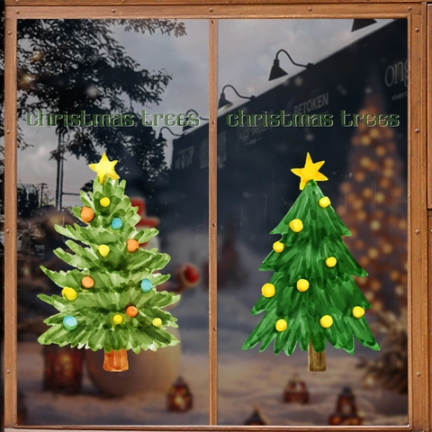 Christmas Tree Window Stickers Static Cling PVC Double Sided Watercolor Illustration Holiday Glass Door Shop Decor Reusable