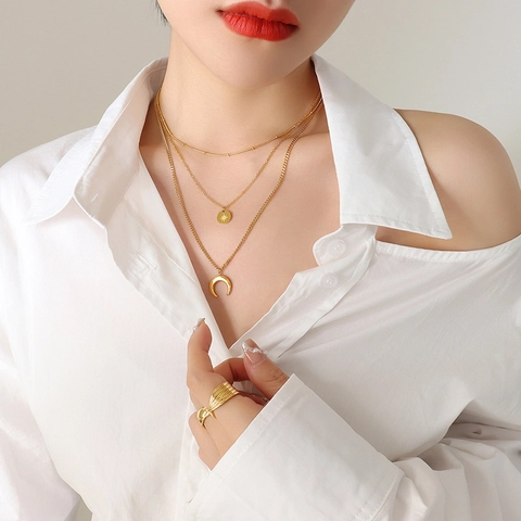 Collana Multistrato E Bracciale Con Ciondoli Stella Luna Sole Acciaio Al Titanio Placcato Oro Accessorio Di Moda Minimalista Per Donna