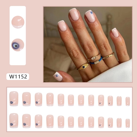 Unghie Finte French Tip Motivo Occhio Di Allah Rosa Nude Blu Bianco Forma Quadrata In Plastica Per Donna