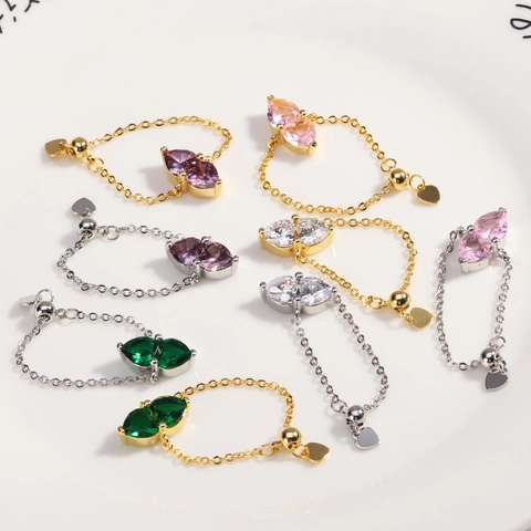 Anello A Catena Regolabile Donna Rame Zircone Doppio Cuore Forma Goccia D'acqua Fibbia Scorrevole Oro Platino Placcato Gioielli