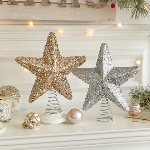 Puntale Per Albero Di Natale A Stella Con Glitter E Paillettes Pentagramma Con Base A Molla In Metallo Decorazione