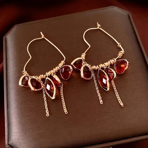 Vintage Hart Hoepel Oorbellen 18K Verguld Koper Rode Glazen Edelstenen Kwastje Hanger Sieraden Voor Dames