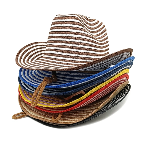 Cappello Da Cowboy In Paglia A Righe Tesa Larga Protezione Solare Traspirante Cappello Da Sole Da Spiaggia Estivo Con Cordino Regolabile