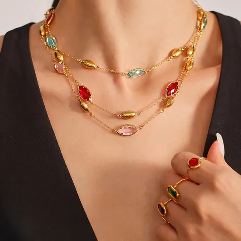 Marquise Cut Czech Glass Necklace For Women Stainless Steel Chain Colorful Gemstone Style Bohemia Elegant Jewelry