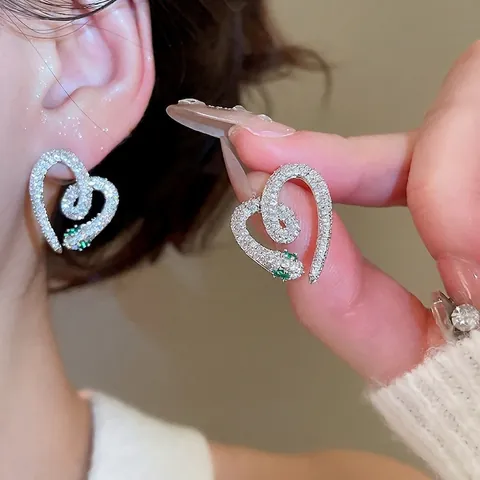 Heart Snake Stud Earrings Copper With Zircon Green Eyes And 925 Sterling Silver Earring Post Elegant Niche Jewelry For Women
