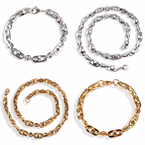 Stainless Steel Necklace And Bracelet For Men Chunky Flat Link Hip Hop Punk Style High Polished Durable Jewelry