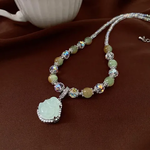 Collana Di Perline Con Pendente Buddha Ridente Cristallo Zircone Stile Cinese Retrò Gioielli Eleganti Verde Chiaro Da Donna