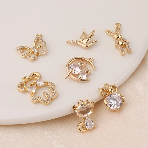 Ciondoli Animali In Zirconia Per Creazione Gioielli Rame Placcato Oro Gatto Coniglio Farfalla Orso Gufo Fai Da Te