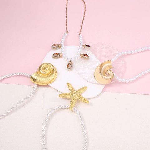 Collar con Colgante de Estrella de Mar y Concha de Estilo Marino de Moda para Mujer Conjunto de Joyas de Aleación Oro Plata y Perla Artificial para Vacaciones en la Playa