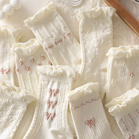 Chaussettes Mi-Mollet Douces Femmes Coton Bordure À Volants Décor Nœud Papillon Respirant Style Japonais Lolita JK Mode Blanc Crème