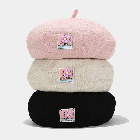 Women Cotton Waffle Knit Beret Hat Retro Painter Cap With Flower Patch Adjustable Solid Color Literary Style For Lady