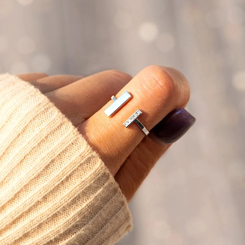 Minimalistischer Geometrischer Offener Ring Kupfer Zirkonia Parallele Rechtecke Verstellbar Trendiger Fingerschmuck Damen