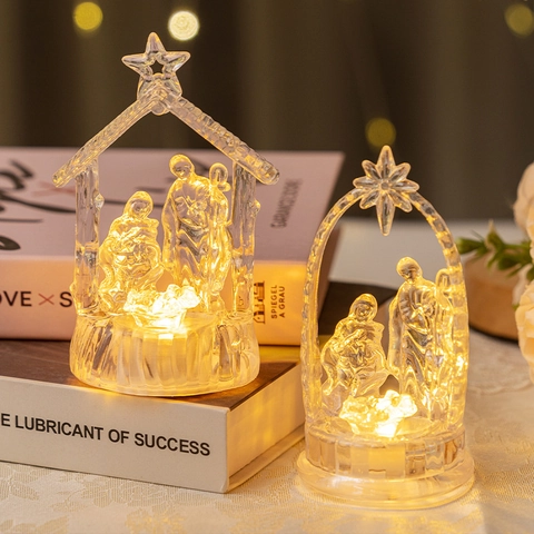 LED Krippe Heilige Familie Figur Acryl Transparent Leuchtend Weihnachten Ornament Warmes Licht Religiöse Dekoration