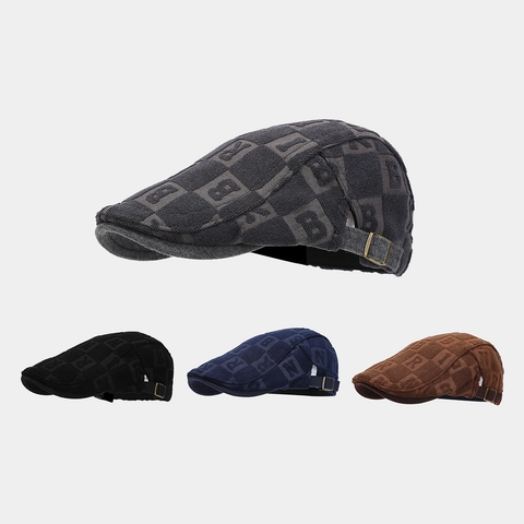 Casquette Plate Rétro Coton Tissu Éponge Réglable Style Britannique Vintage Motif Lettres Pour Hommes Femmes