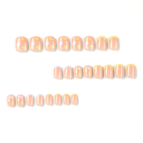 Short Square Press On Nails Franse Tips Bloemmotief Geel Paars Oranje Verwijderbare Kunstnagels Voor Dames