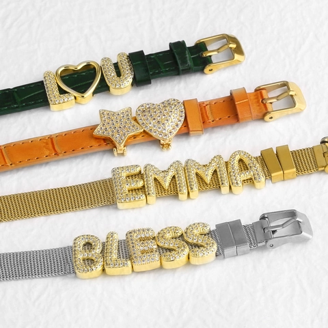 Slider Letter Bracelet Gold Plated Alphabet Zircon Charms PU Leather Metal Mesh DIY Jewelry Fashion Accessories Women