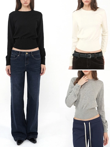 Women Wool Blend Knit Sweater Round Neck Long Sleeve Button Detail Ribbed Waist Slimming Elegant Casual Chic