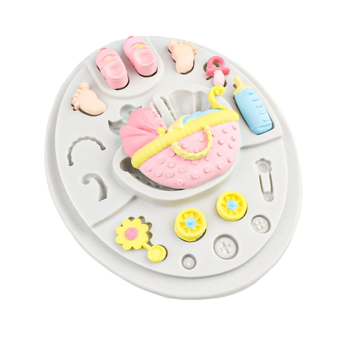 Baby Shower Theme Silicone Fondant Mold DIY Chocolate Baking Tool With Baby Carriage Footprints Bottle Patterns
