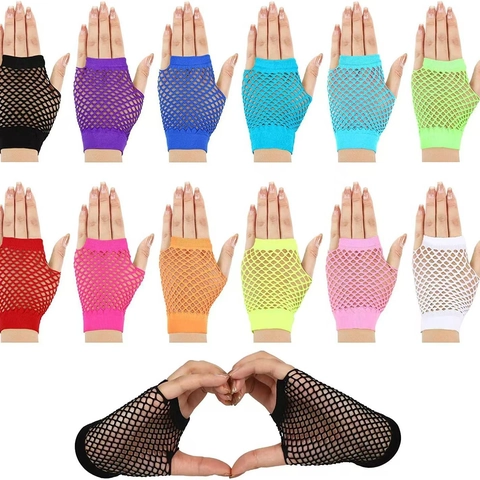 Guanti A Rete Senza Dita Maglia Di Nylon Elastico Corto Colori Neon Festa Stile Punk Retro Per Donne Performance