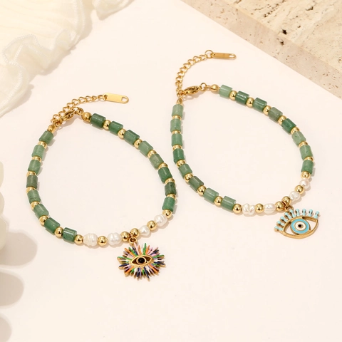 Bracciale con Perline Occhio del Male Bohemian per Donna Acciaio al Titanio Placcato Oro Resina Perla Artificial Cuore Gioielli Moda