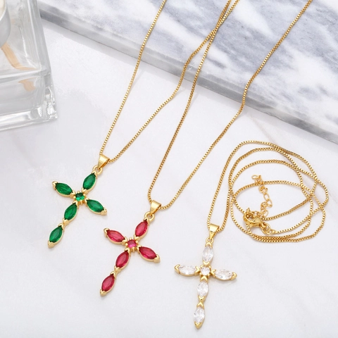 Collana Con Pendente A Croce In Zircone Taglio Marquise Rame Placcato Oro Elegante Catena Da Clavicola Minimalista Per Donna