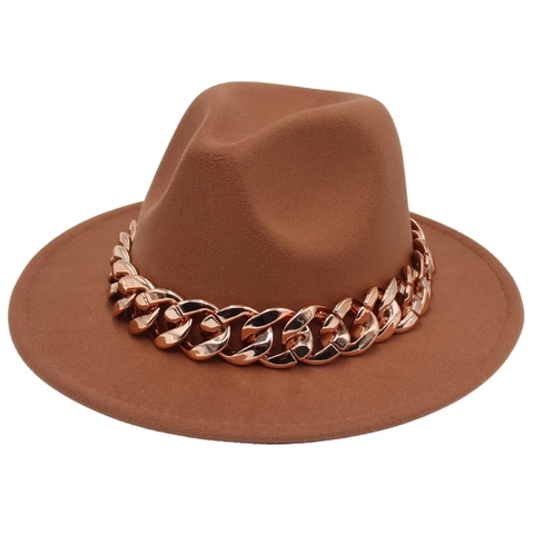 Fedora Hat Wide Brim Felt Jazz Cap With Thick Chunky Metal Chain Decor Fashion Western Style For Women Men