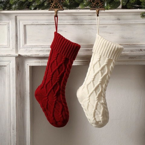 Christmas Stocking Cable Knit Double Diamond Pattern Acrylic Hanging Gift Bag Fireplace Holiday Party Decor Rustic