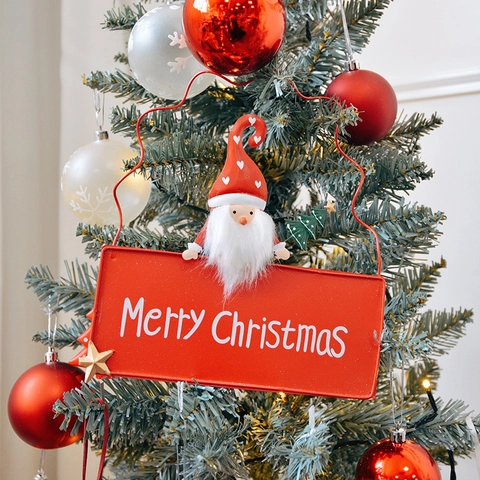 Merry Christmas Hanging Sign Metal Iron Santa Claus Gnome Ornament Xmas Tree Door Wall Decor Festive Holiday Home