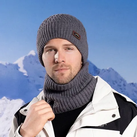Winter Strickmütze Und Halswärmer Fleece Gefüttert Dick Warm Winddicht Outdoor Geripptes Acryl Für Herren