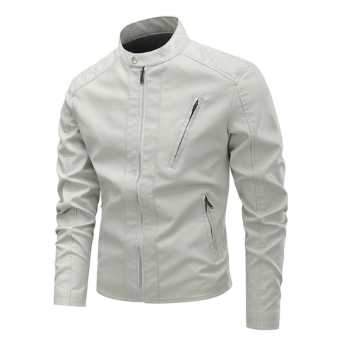 Men Biker Jacket Faux PU Leather Stand Collar Slim Fit Retro Motorcycle Streetwear Outerwear Zip Up Coat
