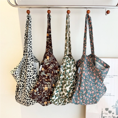 Large Capacity Canvas Tote Bag Women Girls Floral Leopard Polka Dot Print Korean Style Cotton Shoulder Bag School