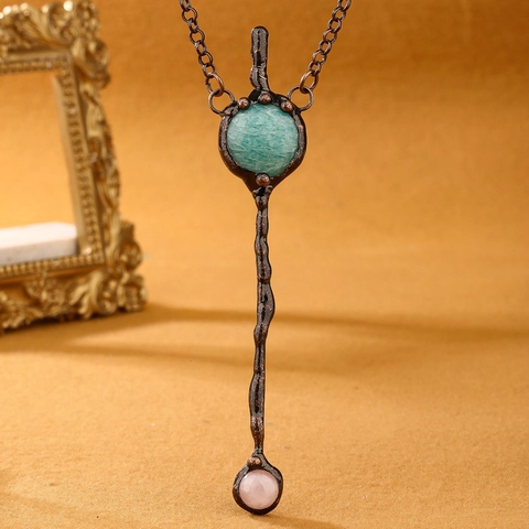 Collana Con Pendente In Rame Vintage Amazonite Naturale Quarzo Rosa Cristallo Forma Scettro Gioielli Retrò Per Donna